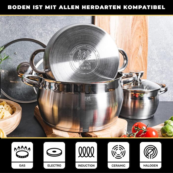Набір каструль Karl Hausmann 3 шт. з нержавіючої сталі для індукційних та інших плит з кришкою з термостійкого скла та мірною шкалою