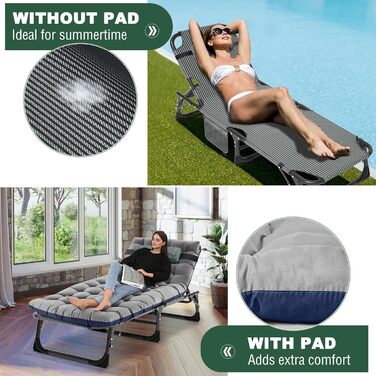 Складаний лежак для саду, 200 кг, з матрацом та підголівником, блакитний. Лежак для балкону, саду, кемпінгу.