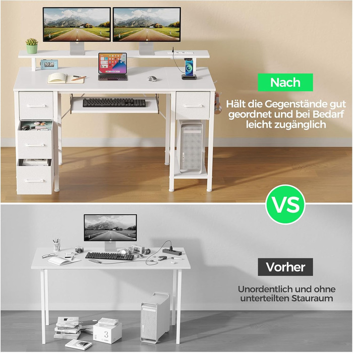Стіл Rolanstar з шухлядами, 120x47 см, ігровий стіл з розеткою, LED-підсвітка та підставка для монітора, стіл для комп'ютера з підставкою для клавіатури, білий