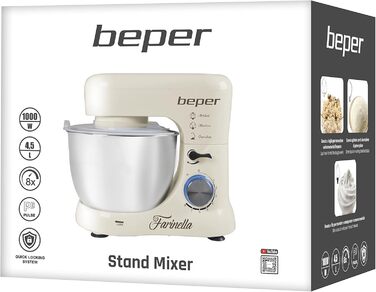 Міксер планетарний BEPER BP.200, 1000 Вт, 4.5 л, нержавіюча сталь, для замішування, подрібнення, приготування тіста, кремового кольору