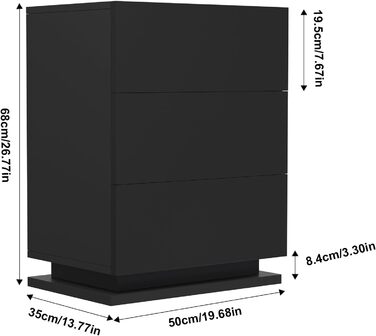 Тумбочка 2 ящики, глянцевий комод зі світлодіодом, чорний, 40x60x35см