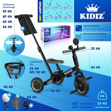 Біговел-триколіс KIDIZ 6-в-1 для дітей 1-5 років до 25 кг, з ручкою, захисним бампером, ременем безпеки, дзвінком та дзеркалом (Антрацит)