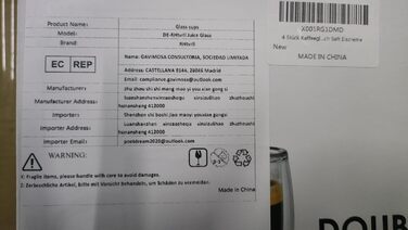 Набір з 4 склянок для кави з подвійними стінками з ручкою та ложкою, 350 мл для гарячих/холодних напоїв