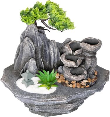 Lemodo Фонтан для дому LED 3-рівневий Настільний Фонтан Фен Шуй з підсвіткою, Водоспад, Оволожувач повітря, Декор для вітальні, спальні, офісу, 27x19x33 см (Савана)