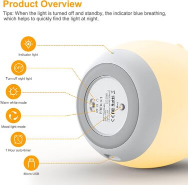 Світлодіодний нічник PREKIAR для дітей, 1800 мАг, USB акумуляторний, 7-кольоровий RGB, таймер, пам'ять, подарунок дитині