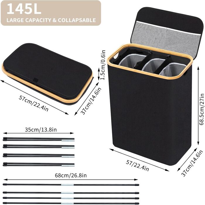 Кошик для білизни BRIAN & DANY з 3 відділеннями та кришкою, 145л, чорний