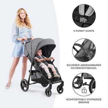 Дитяча коляска Kinderkraft GRANDE PLUS сірого кольору, від народження до 22 кг, складна однією рукою, з регульованою спинкою та великим козирком