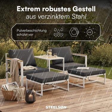 Садовий набір меблів STEELSØN Asteri 5 предметів: 2 крісла, 2 пуфи, стіл - білий, з подушками, для тераси та балкона, металевий каркас, стійкий до погодних умов