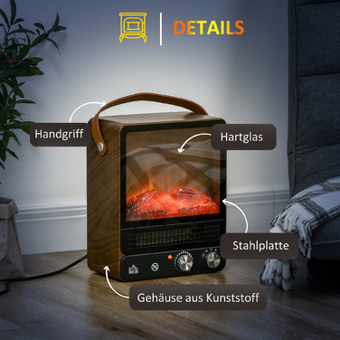 Електричний камін HOMCOM 750/1500W з ефектом полум'я, захистом від перегріву, низьким рівнем шуму, регульованим стоячим каміном з ручкою для затишних вечорів