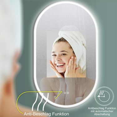 Дзеркало для ванної кімнати HOKO круглої форми, 80 см з підсвічуванням, антизапар, рамка, сенсорний вимикач, пам'ять, зміна кольору світла 2700-6500K (90 x 50 см, білий)