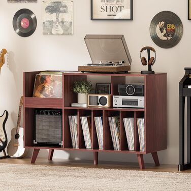 Стійка для платівок з полицею для зберігання, підставка для програвача, органайзер для вінілових платівок на 450 альбомів, полиця для музичної кімнати та вітальні (горіх)