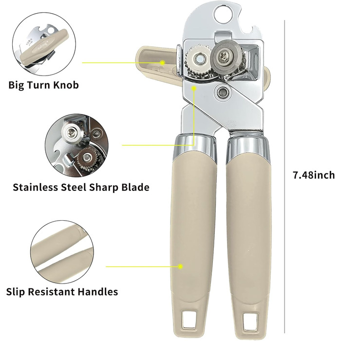 Ручний відкривач консерв з нержавіючої сталі, міцний, з комфортною ручкою та функцією відкривання пляшок, Бежевий