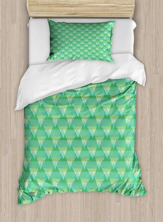 Абстрактний набір підковдр для односпальних ліжок, смугасті трикутники хіпстерський, стійкий до кліща Алергікам підходить з наволочкою, 130 x 200 см - 70 x 50 см, морський зелений і білий