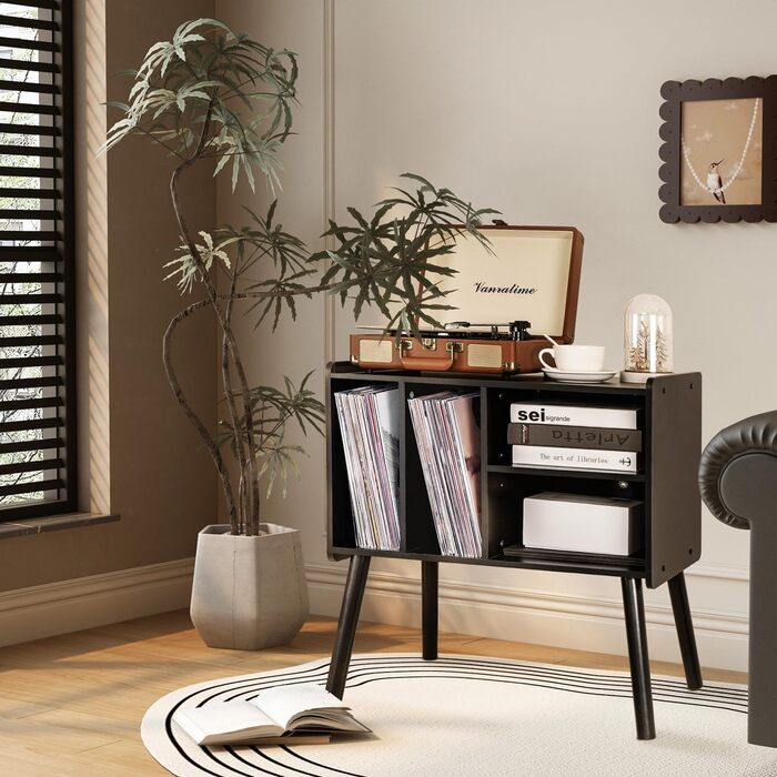 Стіл для програвача вінілу, стійка для програвача середини століття з місцем для зберігання до 150+ платівок, шафа для платівок з регульованими полицями, чорний