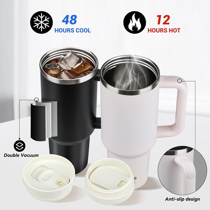 Термокружка-пляшка 1200 мл з трубочкою та антиковзним ручками, BPA Free, подвійні стінки, ізоляція для авто, офісу, відпочинку (Пастельно-рожевий, Біло-рожевий, Чорний)