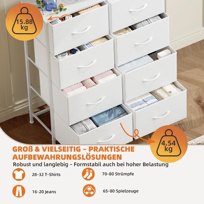 Комод з тканини з 8 шухляд, білий, 30x80x93 см