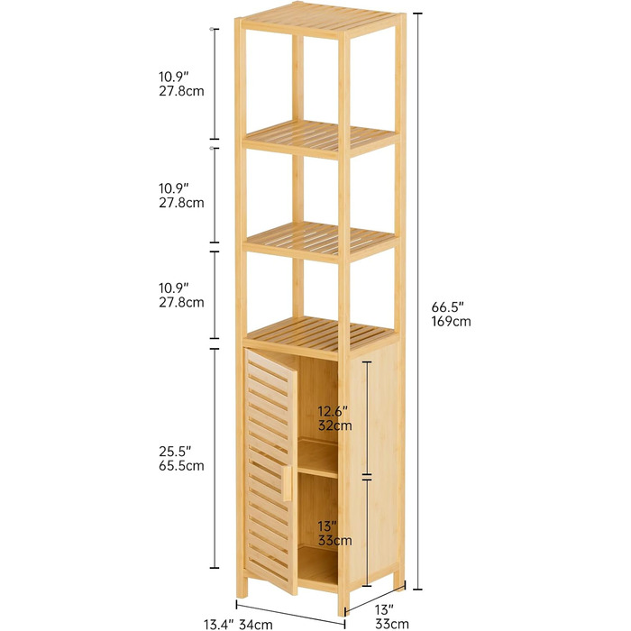 Висока тумба для ванної кімнати HITNET, 67 дюймів бамбук, 4 полиці, 1 дверцята, окремо стояча, для невеликих приміщень (натуральна)