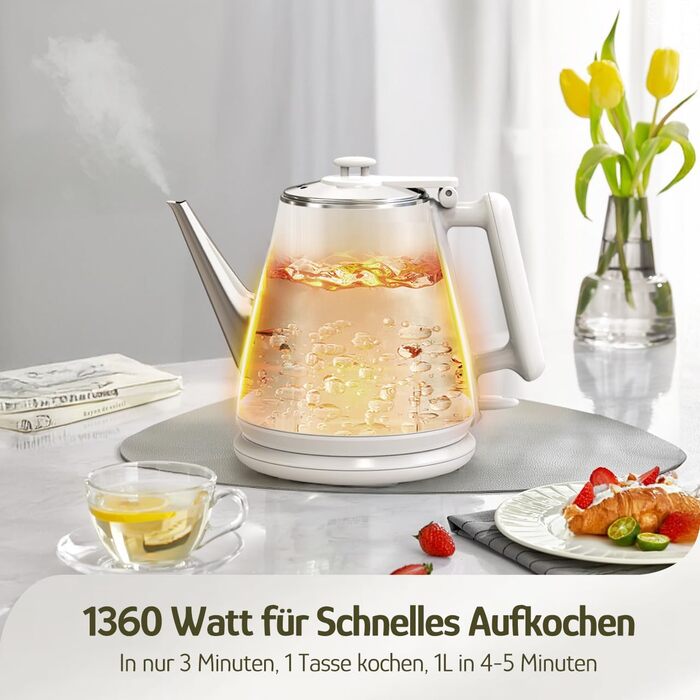 Електричний чайник Hazel Quinn, 1 л, ретро-дизайн, білий перламутровий, з нержавіючої сталі 304, 1360W, BPA-free, автоматичне відключення