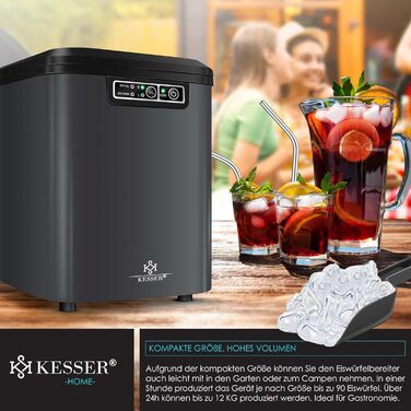 Машина для приготування льоду KESSER® з нержавіючої сталі, 12 кг/24 год, швидка підготовка (7 хв), 2.2 л бак, 2 розміри кубиків льоду, LED-дисплей, самоочищення, аксесуари, антрацит