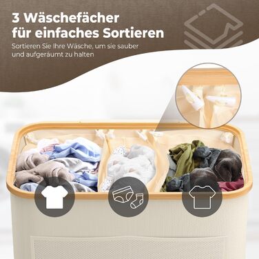 Кошик для білизни OUSFOT з кришкою, 3 відділення, 158л, сортер для білизни, знімний мішок, сітчаста кишеня, бамбукова коробка для білизни, бежевий
