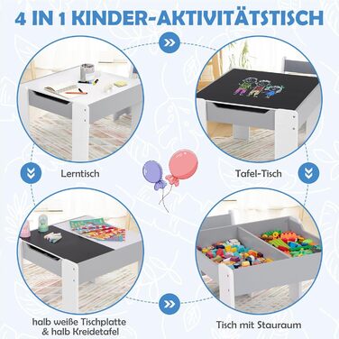 Дерев'яний дитячий стіл з 2 стільцями DREAMADE, 3-х частинний набір меблів для дітей, стіл з двосторонньою поверхнею та місцем для зберігання, набір меблів для хлопчиків та дівчаток (білий, світло-сірий)