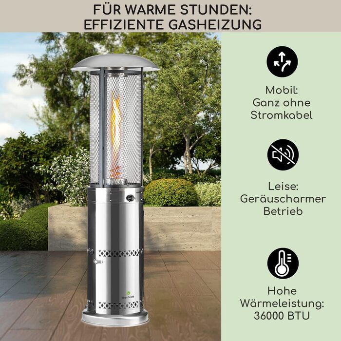 Газовий обігрівач Blumfeldt Gas для тераси, саду та балкону, 360° огляд полум'я, газовий нагрівач для вулиці з електричним запалюванням, обігрівач для тераси з роликами, срібно-золотий, модель Deluxe (Газовий балон не входить у комплект)