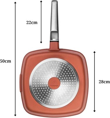 Сковорода-гриль Westinghouse PERFORMANCE SERIES 28 см з нержавіючої сталі, для індукції, грилю та всіх плит, з антипригарним покриттям, для духовки та мийки, алюміній (червоно-коричневий)