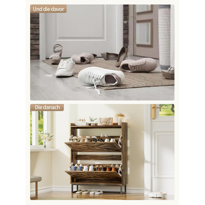 Шафа для взуття з 2 відкидними дверцятами, полиця для взуття в передпокій, вузька шафа-кіпер для взуття з 4 полицями, тумба для взуття з металевими ніжками, органайзер для взуття з дерева для стіни, 80x23,8x101,7 см, Білий (Коричневий)