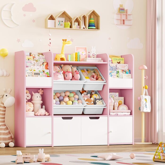 FOREHILL Дитяча полиця для іграшок та книг, стелаж для дитячої кімнати з 4 ящиками, рожевий (126x30x104 см)
