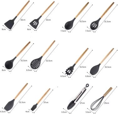 Набір кухонного приладдя з силікону, 25 предметів, антипригарний, термостійкий, дерев'яна ручка (сірий)