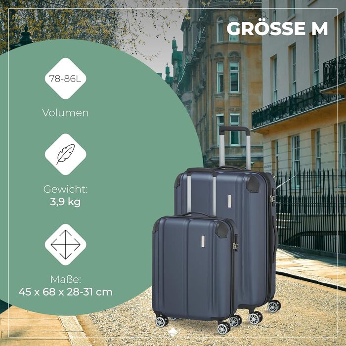 Набір валіз Travelite 3 шт. з жорстким корпусом (L/M/S), 4 колеса, City, валіза ручної поклажі S, валізи-ролери з антицарапинним покриттям, TSA замок + розширюваний клапан (окрім розміру S), Набір валіз-ролерів (L/M/S) Marine