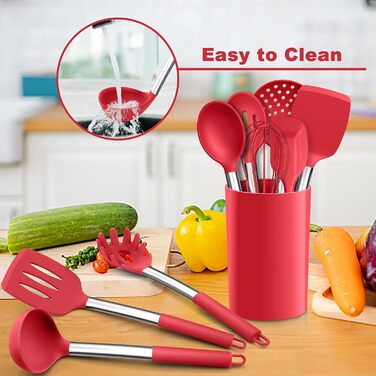 Набір кухонних аксесуарів Herogo, 12 шт. Силіконові кухонні інструменти з нержавіючою сталею, термостійкі, лопатки, ложки, шпателі з підставкою, легко миються (Червоний)