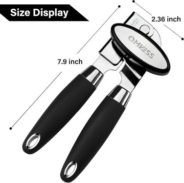 Ручний відкривач для банок QMVESS, нержавіюча сталь, безпечні краї, протиковзкий, з відкривачем для скляних пляшок (чорний)