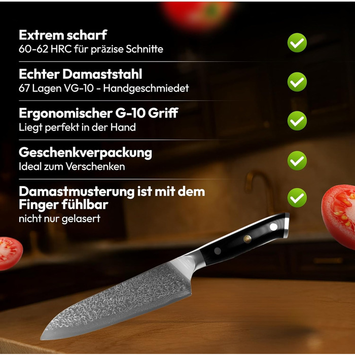 Японський кухонний ніж Damast 20 см з високоякісної сталі 67 шарів, ергономічна ручка G-10, подарункова упаковка (Santoku)