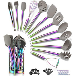 38-ти елементний набір кухонного посуду з силікону з підставкою для інструментів, силіконовими головками та нержавіючою сталею, кухонні аксесуари, набір посуду (сріблястий) (4. Райдуга + посудини для інструментів)