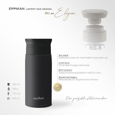 Термокружка EPPICAN EppiToGo з нержавіючої сталі, 350 мл, чорний матовий - для кави з собою, витривала, з герметичним клапаном