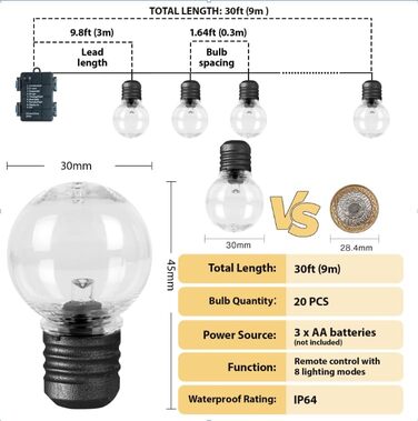 Ланцюжок прикрас для зовнішнього використання на батарейках G30, 9м, 20 LED, тепле біле світло, з пульт дистанційного керування, таймер, диммування, IP64, для саду, ялинки, балкона, бістро.