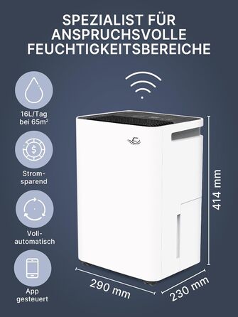 Comedes Demecto 16 eco WiFi - Потужний побутовий осушувач повітря (16 л/24 год) з Wi-Fi, для приміщень до 65 м²/150 м³, керування через додаток