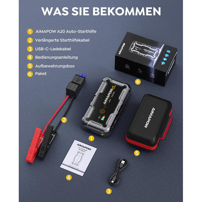 Powerbank з компресором та пусковим пристроєм AIMAPOW для автомобіля: 27000mAh, 160PSI, 6000A, LED-ліхтар, сумісний з бензиновими та дизельними двигунами (до 12.0L)