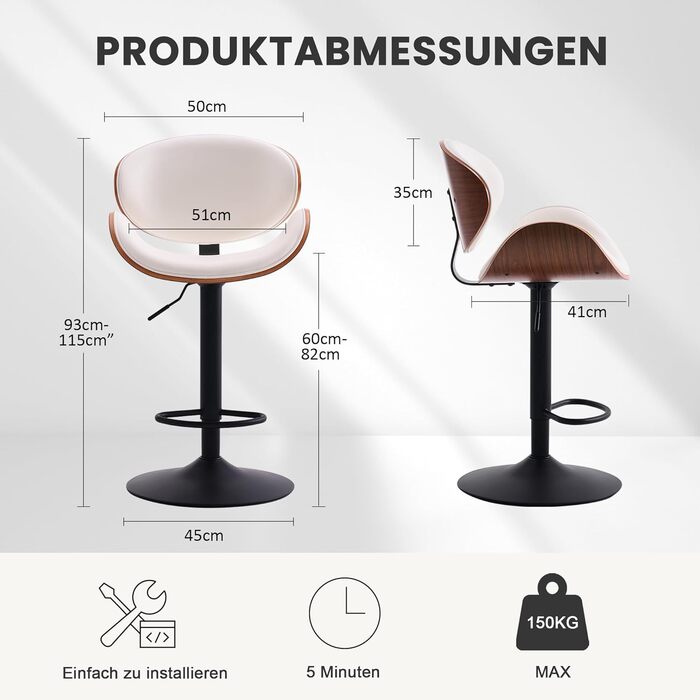 Барний стілець YOUTASTE з вигнутого дерева, 1 шт., 360° обертання, з підлокітником та підніжкою, PU-шкіра, білий