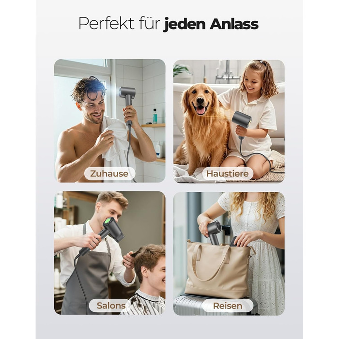 Іонний фен для волосся з дифузором, професійний стайлер 150 000 об/хв, 8 режимів температури з LED-дисплеєм, для кучерявого та густого волосся, чорний