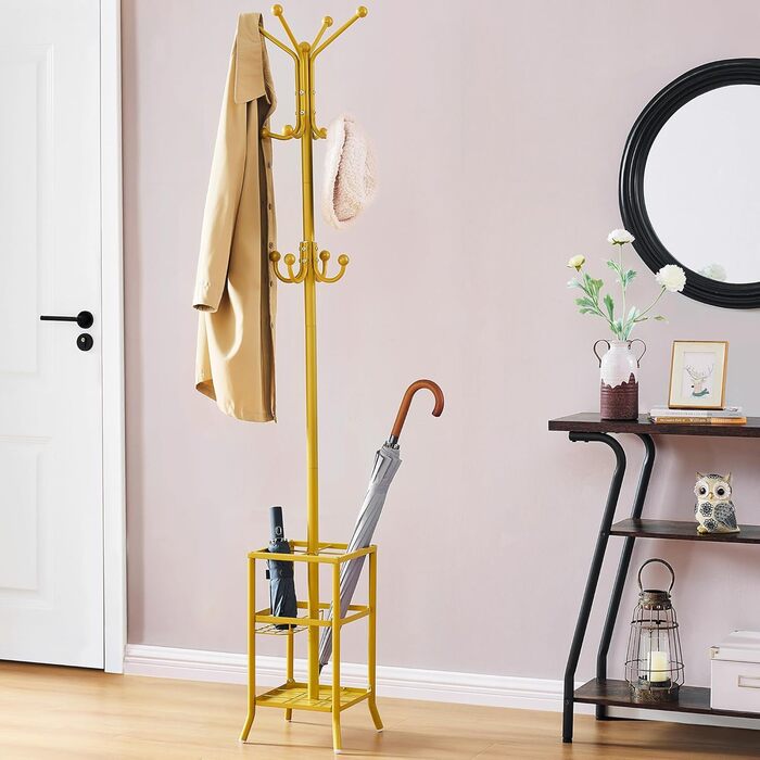 Стійка для одягу FAVOOOSTY з підставкою для парасольки, 12 гачків, для вітальні/спальні, срібло/золото