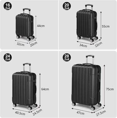 Набір валіз LALAHO 3/4/5 шт. з косметичками, ABS, чорний. Валізи для подорожей, ручна поклажа
