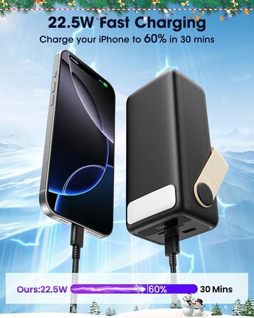 Power Bank 60000mAh Große Kapazität: Портативний акумулятор 60000mAh з USB-C, 3 виходи, 22.5W, для ноутбука, смартфона, планшета (Чорний)