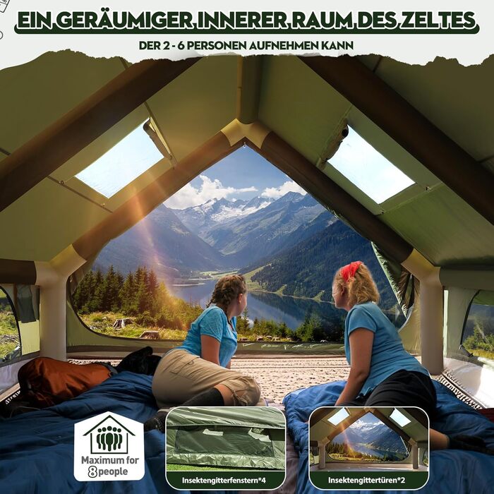 Надувний кемпінговий намет Oxford 420D для 7-10 осіб з насосом, водонепроникний (3000 мм), 4 сезони, з вікнами-москітними сітками та димоходом 400x300x200 см