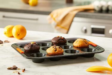 Форма для мафінів LE CREUSET з антипригарним покриттям, 12 шт., Ø 7 см, для закваски, з вуглецевої сталі, антрацит/помаранчевий