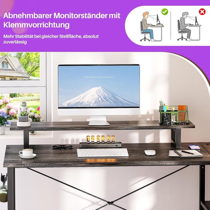 Кутовий ігровий стіл L-подібний з LED-підсвіткою та розетками, комп'ютерний стіл з полицями, обертовий, з підставкою для монітора, 120 x 70 см, дуб Грау Ейх