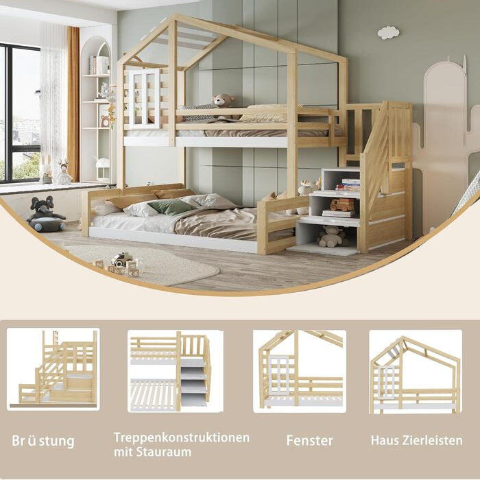 Двоярусне ліжко 90x200 та 140x200 см, дитяче ліжко-горище з місцем для зберігання, сходами та дахом, ліжко-будиночок з вікном, з ламелями та захистом від падіння, без матраца, натуральне дерево