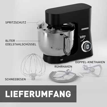 Кухонна машина Heinrichs 2500W з подвійним гаком для тіста, міксером та вінчиком, 8 швидкостей, чаша 8л з нержавіючої сталі, чорна