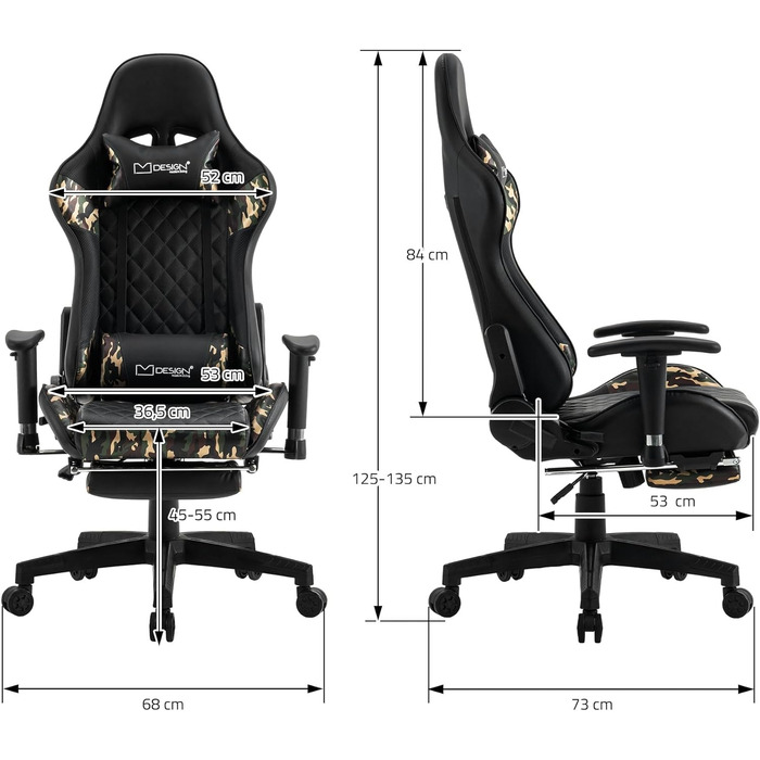 Ігрове крісло ML-Design, шкірозамінник, ергономічне, з підставкою для ніг, підлокітником, підголівником, поперековою подушкою (камуфляж)